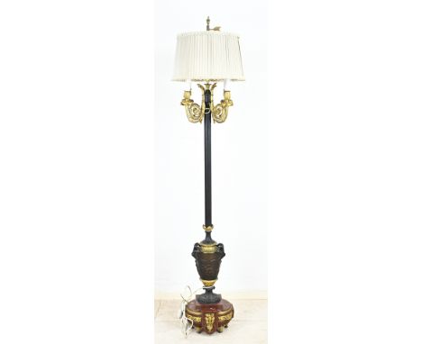 Antique 4-light standing lamp of marble with bronze. Partly gilded + marble base. Empire style. 20th century. Dimensions: H 1