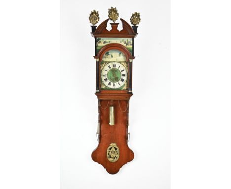 Large oak madder Frisian mayor clock with double hood and gilded mirrors + alarm. Size: 160 cm. In good condition.