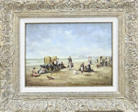 Jan Hovener. 1936 - 2021. Beach view at Scheveningen pier. Oil on panel. Dimensions: H 30 x W 40 cm. In good condition.