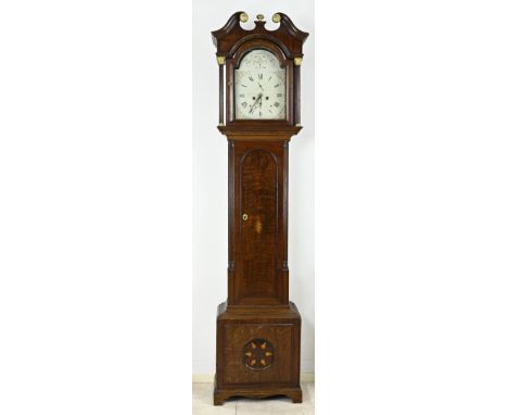 18th - 19th Century English oak grandfather clock. Eight-day movement, half-hour striking, seconds + date indication. Floral 