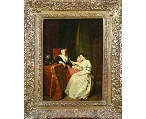 Rough Falet? 19th Century. French School? Interior with three ladies. Oil on panel. Dimensions: H 36 x W 26 cm. In good condi