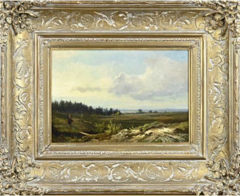 Marinus Heyl. 1836 - 1931. Landscape with gathering woman. Oil on panel. Dimensions: H 21 x W 32 cm. In good condition.