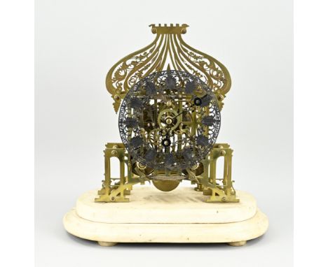 19th Century English skeleton clock with fusee and striking mechanism. With white marble base. Signed Liddel Church Liverpool