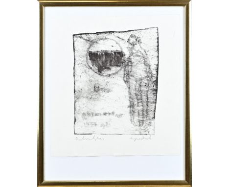 Anton Heyboer. 1924 - 2005. Etching. Own print 1980. Figures representation with text. Dimensions: H 39 x W 36 cm. In good co