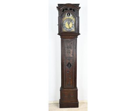18th century oak baroque longcase clock with English carillon, movement with two melodies, Cambridge + Westminster, quarter s