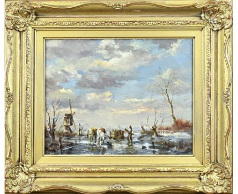 Jan van Trirum. 1924 - 2011. Dutch ice scene with horse-drawn sleigh + figures. Oil on panel. Dimensions: H 24 x W 30 cm. In 