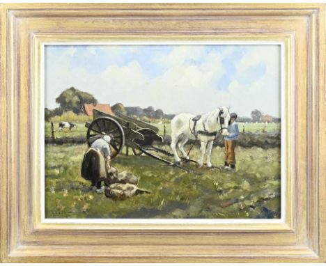 Gerard Krol, Enschede. 1882 - 1950. Title: Labor on the land. Oil on panel. Dimensions: H 35 x W 46 cm. In good condition.