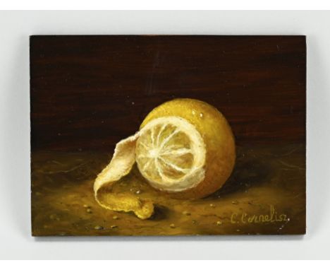 C. Cornelisz. 21st Century. Still life with lemon. Oil on panel. Dimensions: H 13 x W 18 cm. In good condition.