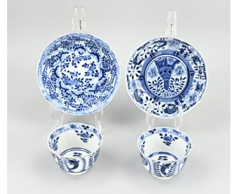 Two antique Chinese porcelain cups + saucers. 1x Kang Xi with crab/bass decoration + four character bottom mark, hairline + c