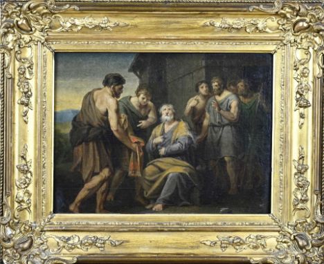 Unsigned. Circa 1800. Biblical scene with Abraham. Oil on panel. Marouflé. Dimensions: H 25 x W 32 cm. In good condition.