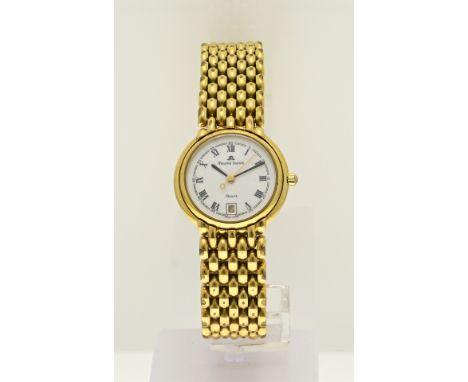 Maurice Lacroix les Classic, ladies watch, gold plated model. Watch with a round case with a white dial with Roman numerals a