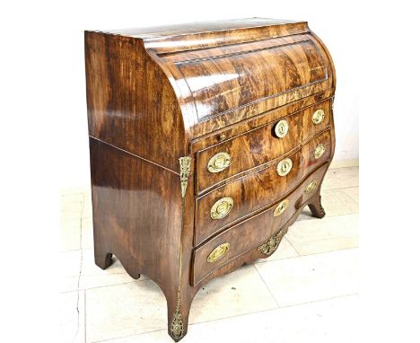 Special 18th century Dutch mahogany bureau. Louis Quinze. With roller cylinder and beautifully curved interior, gilded capita