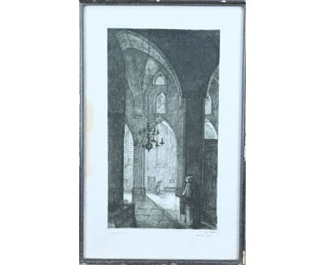 Anton Pieck. 1895 - 1987. Own edition. Church interior with figures. Etching on paper. Dimensions: H 30 x W 17 cm. In good co
