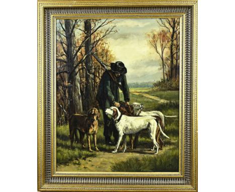 Monogram VW First half 20th century. Hunters with hunting dogs. Oil on canvas. Dimensions: H 50 x W 40 cm. In good condition.