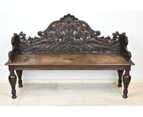 Dutch oak neo renaissance hall bench with tendrils and bottle legs. Dimensions: 100 x 150 x 45 cm. In good condition.