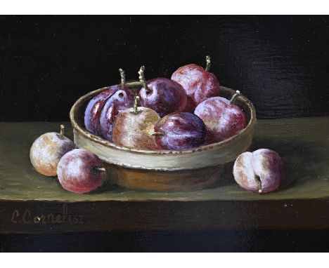 C. Cornelisz. 21st Century. Still life with plums on a scale. Oil on panel. Dimensions: H 13 x W 18 cm. In good condition.