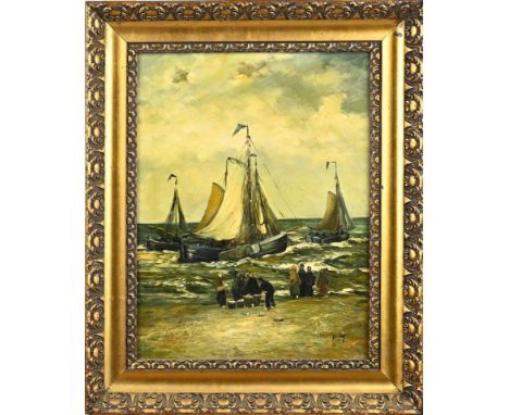 Monogram, RT Hollandse School. Circa 1930. Bomschuiten with fishermen on the beach. Oil on panel. Dimensions: H 40 x W 30 cm.