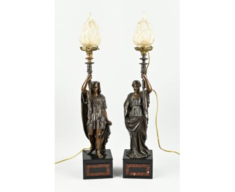 Two 19th century bronze lamp bases with figures on marble base. Dimensions: H 56 cm. In good condition.