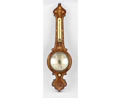 Antique English rosewood barometer with intarsia + pewter dial. Peter Burrow Burlingham. Size: 98 cm. In good condition.