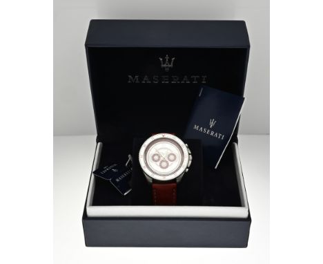 Watch, marked Maserati, steel case, chronograph with red details and a red leather strap. In original box with papers.