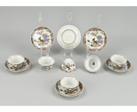 Six antique Chinese porcelain Familie Rose cups and saucers with valuables and deer decoration. 19th century. Dimensions: 6.6