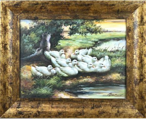 Unclearly signed. Second half 20th century. Landscape with ducks on the waterfront. Oil on panel. Dimensions: H 30 x W 40 cm.