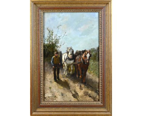 M. Vlamings. Circa 1900. Belgian School. Farmer with team of horses. Oil on panel. Dimensions: H 46 x W 30 cm. In good condit