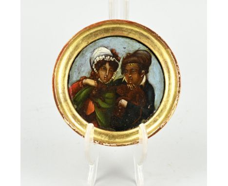 Unsigned. Early 19th century. South American couple/loving couple. Oil on panel. Dimensions: Ø 8.2 cm. In good condition.