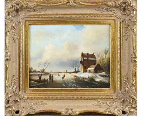 HWG Winter. Dutch ice fun. In the style of the 19th century. Oil on panel. Dimensions: H 24 x W 30 cm. In good condition.
