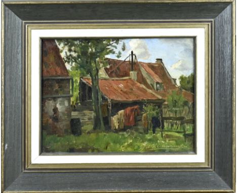 JA Hesterman Jr. 1877 - 1955. Farm. Oil on panel. Dimensions: H 25 x W 33 cm. In good condition.