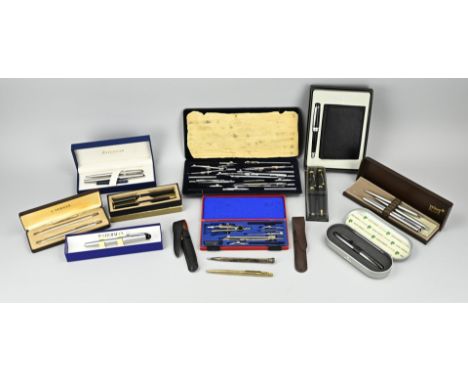 Large lot of various pens + compass sets. Including: Waterman, Mont Blanc, Parker. In good condition.