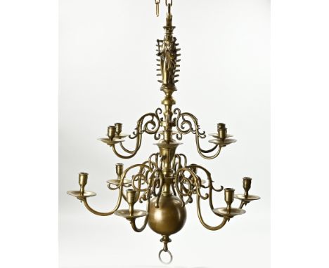 18th - 19th Century bronze candle chandelier with Mary and baby Jesus. Dimensions: approx. 90 x Ø 60 cm. In good condition.