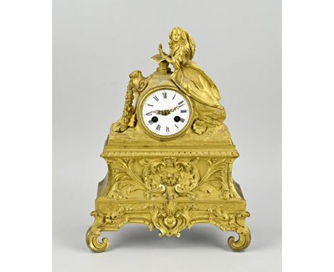 French fire-gilt Charles Dix mantel clock. Circa 1840. Woman with book. Eight-day movement, half-hourly striking and string p