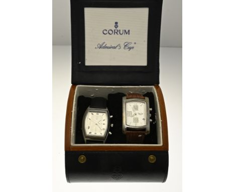 Two quartz watches Prime Time chronograph, with a rectangular contoured steel case. And a leather strap. Needs a new battery.