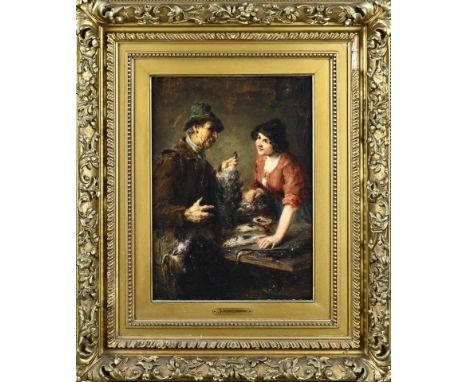 Ernst Zimmermann. 1852 - 1901. German School. Hunter and his wife with hunting trophies. Oil on panel. Dimensions: H 36 x W 2