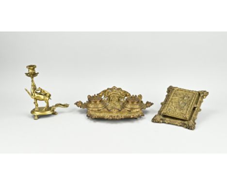Three parts antique bronze. Circa 1900. 1x Candlestick with deer and hunting dog. 1x Inkstand. 1x Photo frame with lid. Size: