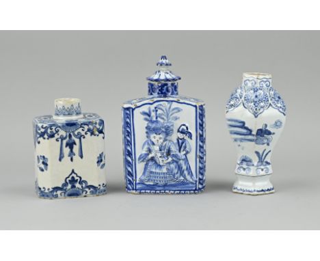 Three parts 18th century Delft faience. Consisting of: 2x tea caddy (three bells + van Duijn) + vase (with bottom mark), glue