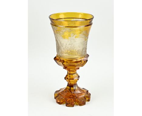 Beautiful 19th century Bohemian crystal goblet with etched hunting scene all around. High quality. Size: 27.5 cm. In good con