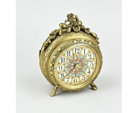 Bronze desk/table clock with eight-day escapement movement. France. Circa 1900. Size: 14 cm. In good condition.