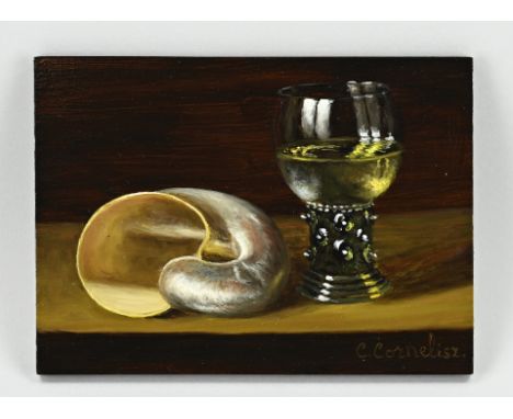C. Cornelisz. 21st Century. Still life with Roemer and nautilus shell. Oil on panel. Dimensions: H 13 x W 18 cm. In good cond