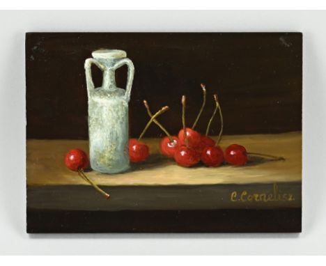 C. Cornelisz. 21st Century. Still life with jug and berries. Oil on panel. Dimensions: H 13 x W 18 cm. In good condition.