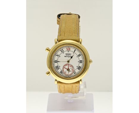 Seiko watch, multi-timer, Quartz, chronograph, double model with red details and a brown leather strap. ø 35 mm. In good cond