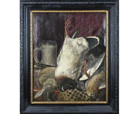 C. Wijnhof 1852. Hunting still life with drake and rabbit. Craquelé. Dimensions: H 55 x W 45 cm. In reasonable/good condition