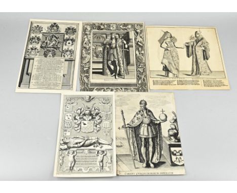 Lot with five antique engravings. 17th - 18th Century. 1x Maria van Borgonje + Maximilian of Austria. 1x Heraldic dike Buried