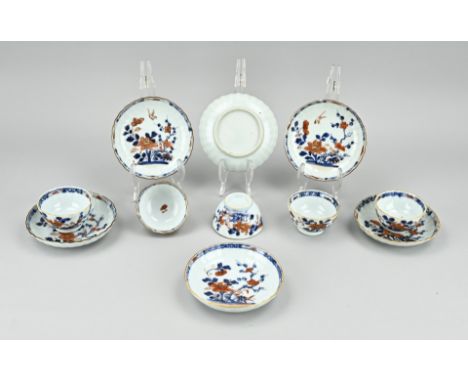Five 18th century Chinese porcelain cups + six saucers. Garden/bird/gold decoration. Six saucers; three with chip, three good