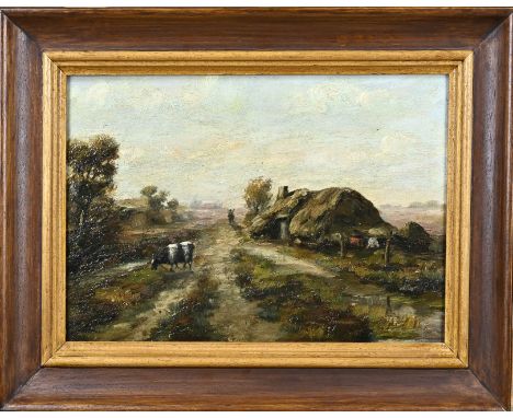 Unsigned. Dutch School. Circa 1900. Landscape with farm and goat. Oil on panel. Dimensions: H 26 x W 37.5 cm. In good conditi
