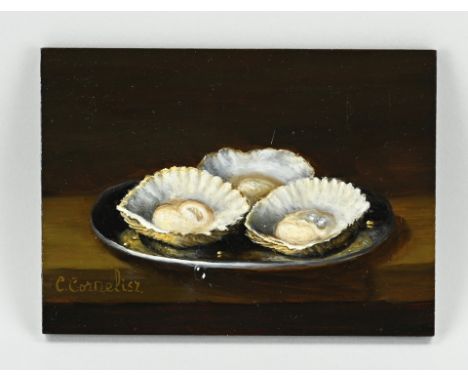 C. Cornelisz. 21st Century. Still life with oysters on silver tablet. Oil on panel. Dimensions: H 13 x W 18 cm. In good condi