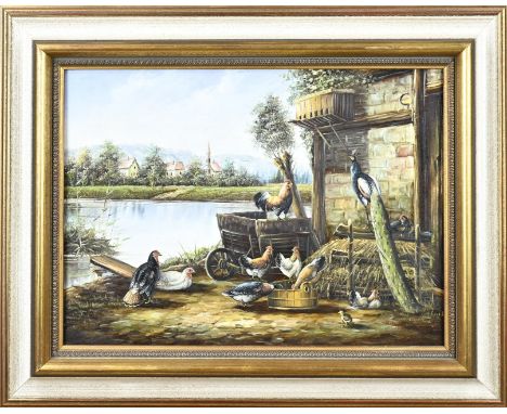 Hoppe. Second half of the 20th century. River view with chicken farm. Oil on panel. Dimensions: H 30 x W 40 cm. In good condi
