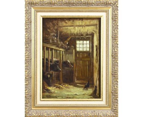 Evert Rabbers. 1875 - 1967 (Enschede). Stable with cows and chicken. Oil on panel. Dimensions: H 35 x W 25 cm. In good condit
