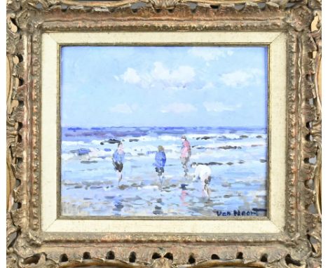 van Noort. Dutch School. Beach scene with figures. Oil on panel. Dimensions: H 21 x W 25 cm. In good condition.